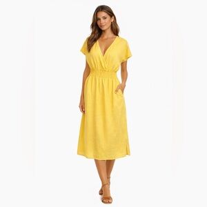 Magari Italy 100% Linen Butter Yellow Midi Dress XL V Neck Smocked Waist